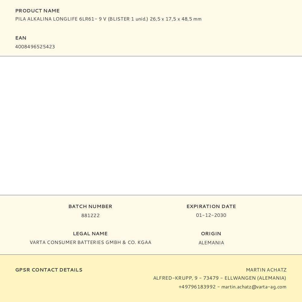 PILA ALKALINA LONGLIFE 6LR61- 9 V (BLISTER 1 unid.) 26,5 x 17,5 x 48,5 mm gallery 0