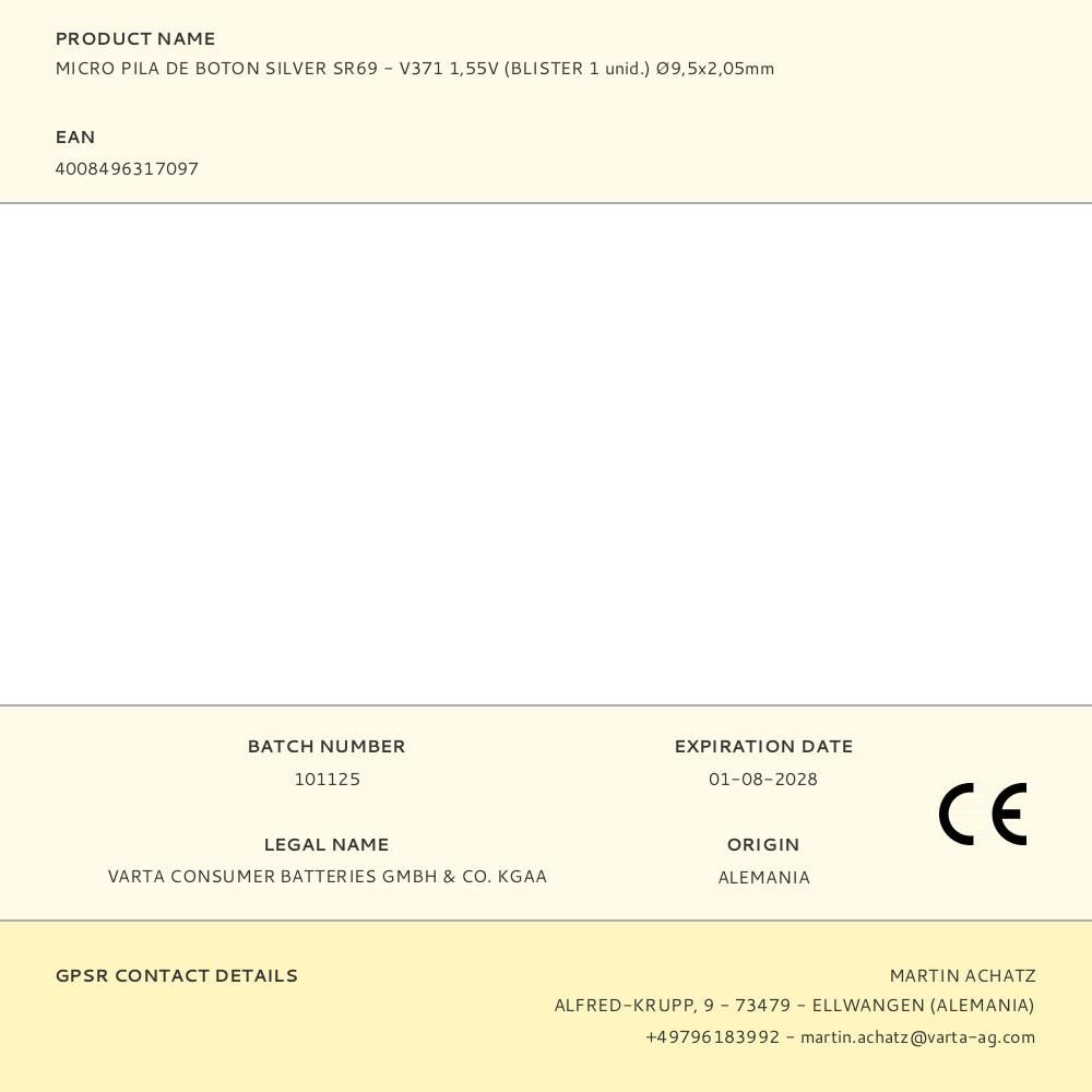 MICRO PILA DE BOTÓN SILVER SR69 - V371 1,55 V Ø9,5 x 2,05 mm BLISTER gallery 0