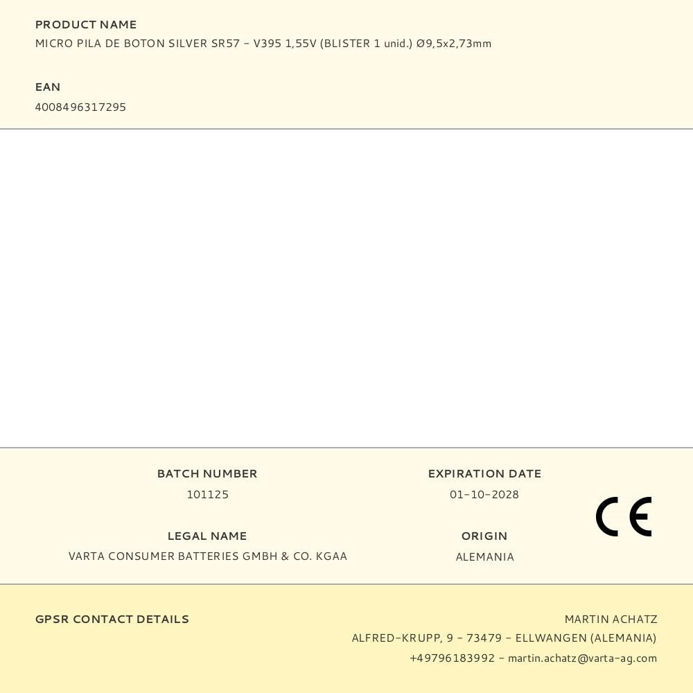 MICRO PILA DE BOTÓN SILVER SR57 - V395 1,55 V Ø9,5 x 2,73 mm BLISTER gallery 0