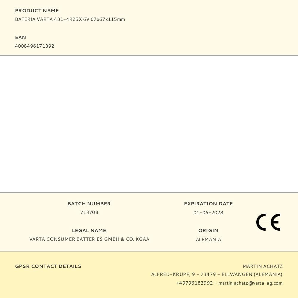 BATERIA VARTA 431-4R25X 6V 67x67x115mm gallery 0