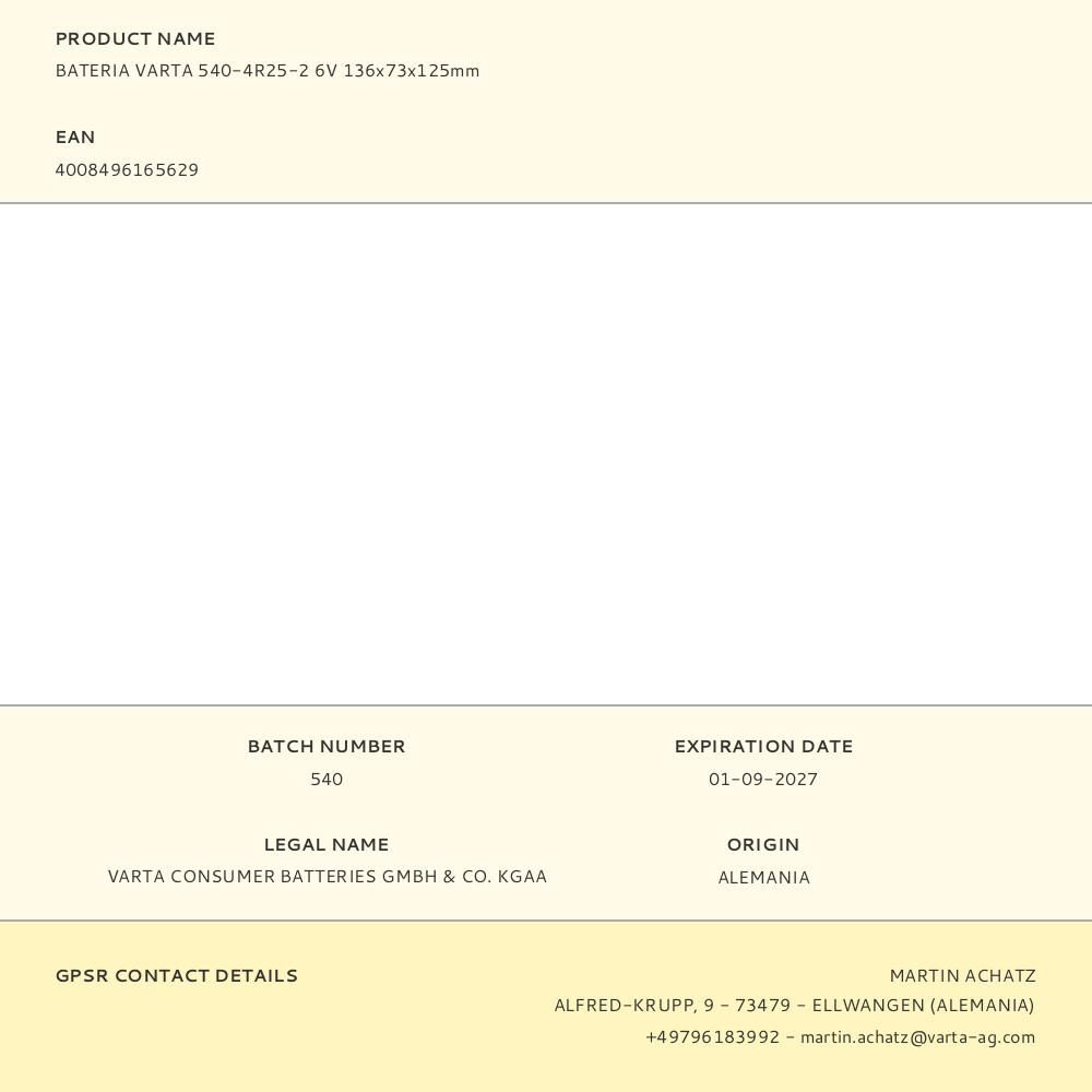 BATERIA VARTA 540-4R25-2 6V 136x73x125mm gallery 0