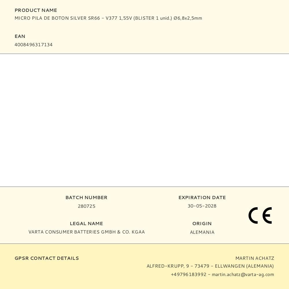 MICRO PILA DE BOTÓN SILVER SR66 - V377 1,55 V Ø6,8 x 2,5 mm BLISTER gallery 0