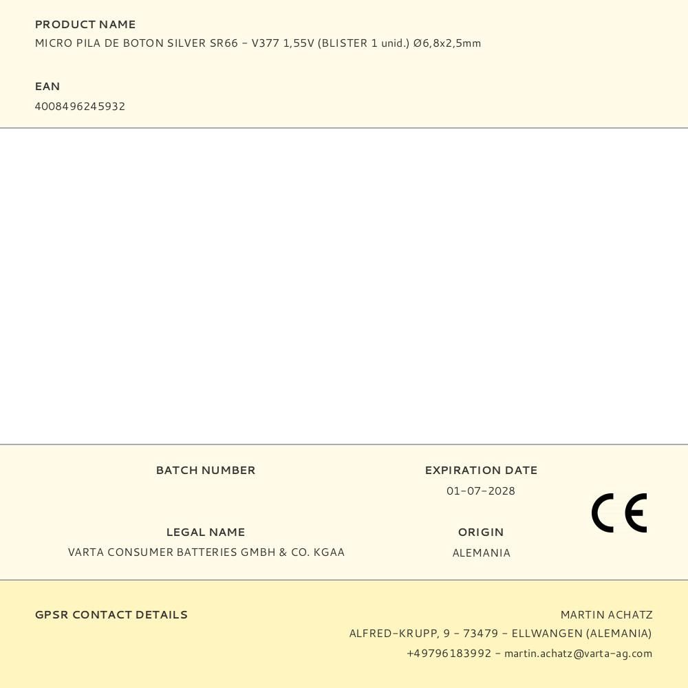 MICRO PILA DE BOTÓN SILVER SR66 - V377 1,55 V Ø6,8 x 2,5 mm WATCH BLISTER gallery 2