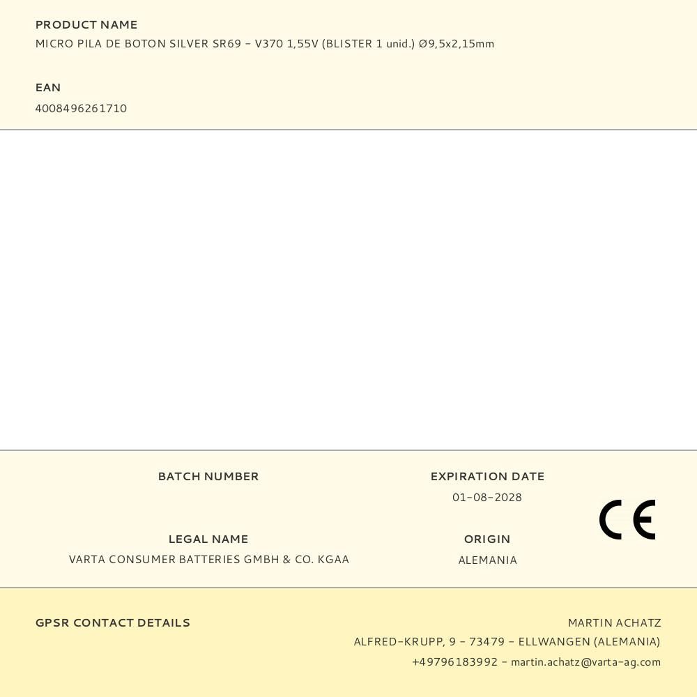 MICRO PILA DE BOTÓN SILVER SR69 - V370 1,55 V Ø9,5 x 2,15 mm WATCH BLISTER gallery 2