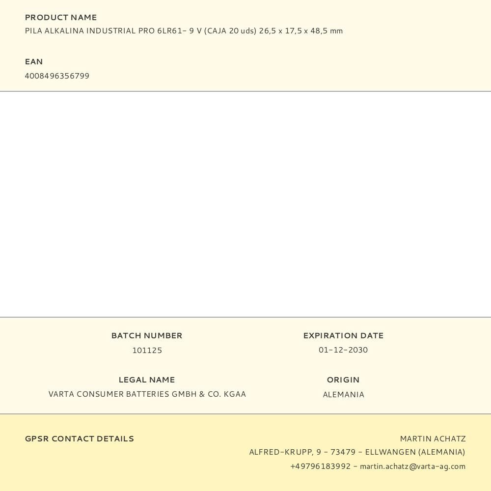 PILA ALKALINA INDUSTRIAL PRO 6LR61- 9 V (CAJA 20 uds) 26,5 x 17,5 x 48,5 mm gallery 1