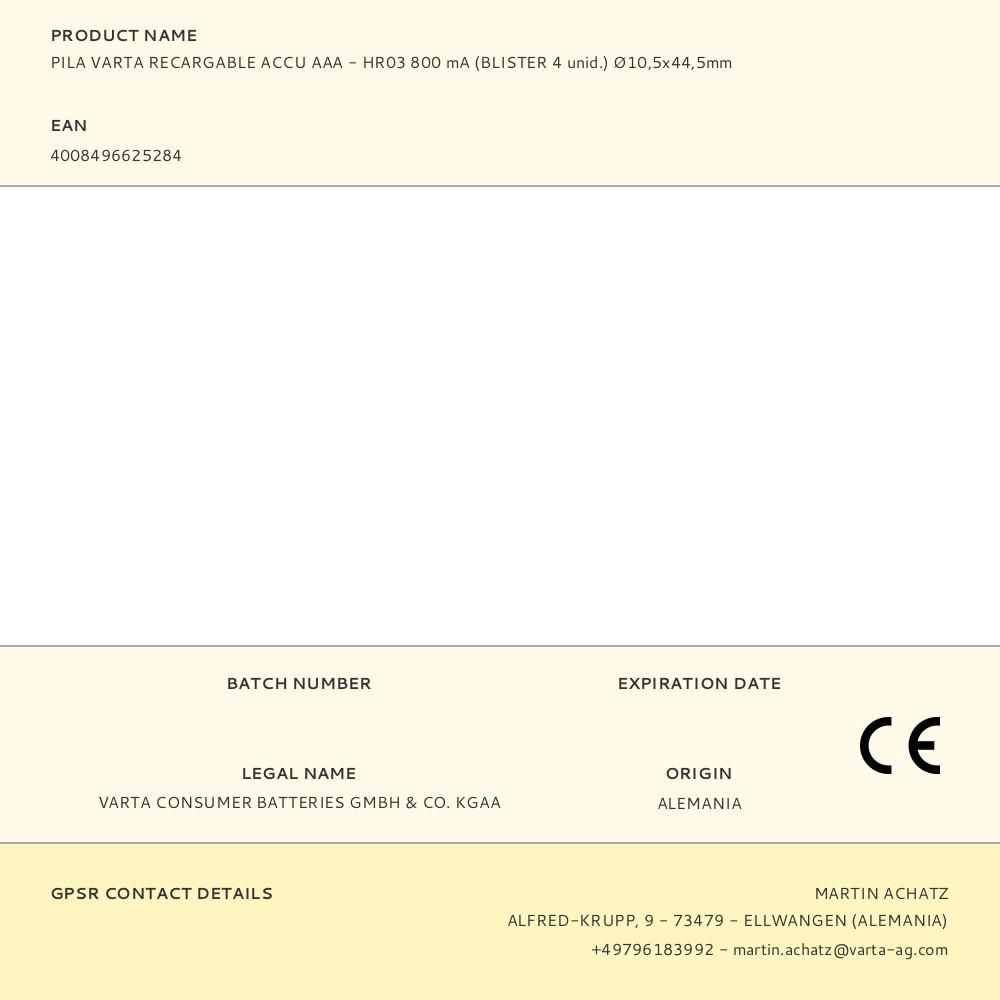 PILA VARTA RECARGABLE ACCU AAA - HR03 800 mA (BLISTER 4 unid.) Ø10,5x44,5mm gallery 0