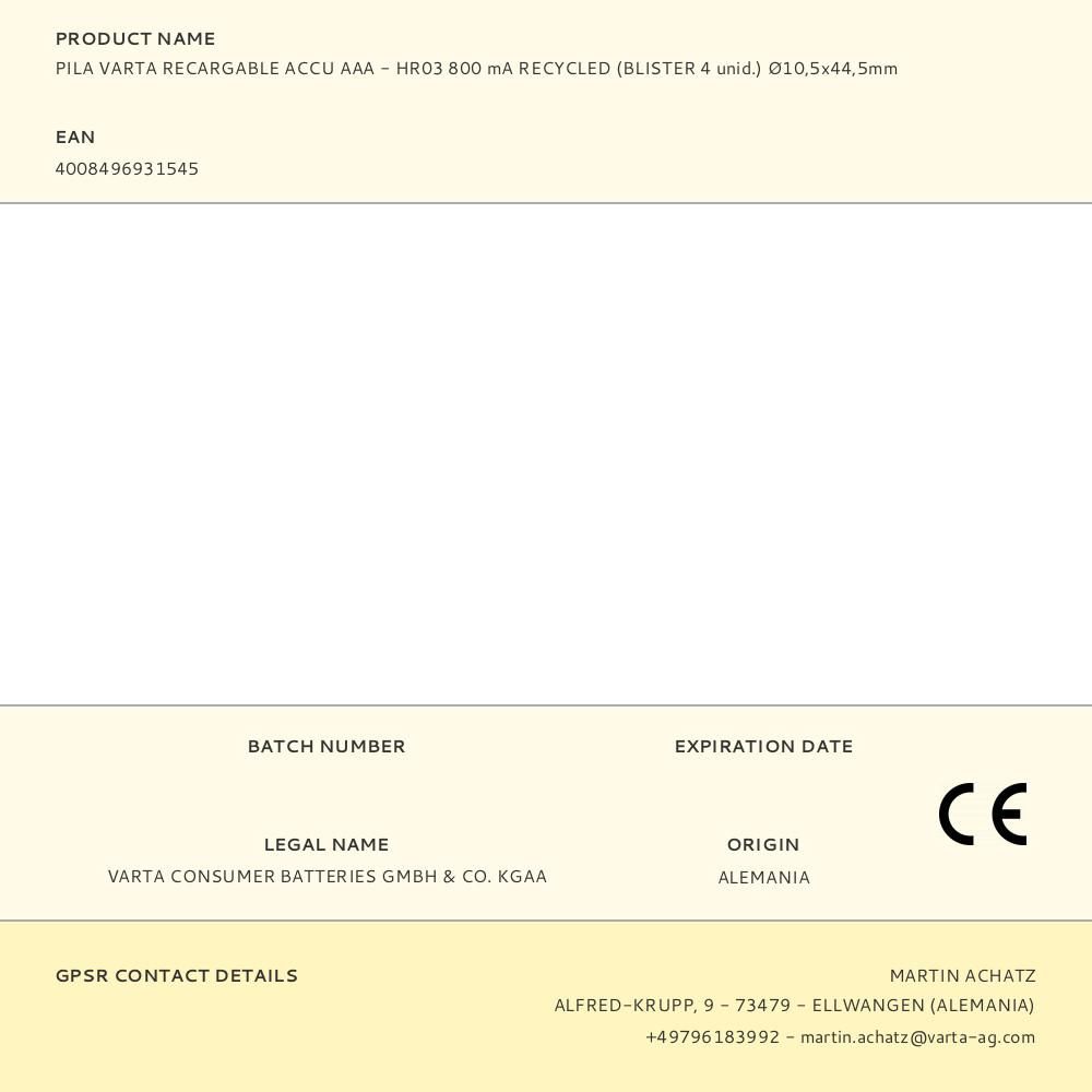 PILA VARTA RECARGABLE ACCU AAA - HR03 800 mA RECYCLED (BLISTER 4 unid.) Ø10,5x44,5mm gallery 0