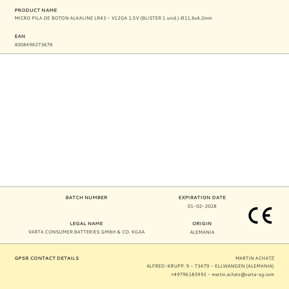 MICRO PILA DE BOTÓN ALCALINA LR43 - V12GA 1,5 V Ø11,6 x 4,2 mm BLISTER gallery 0