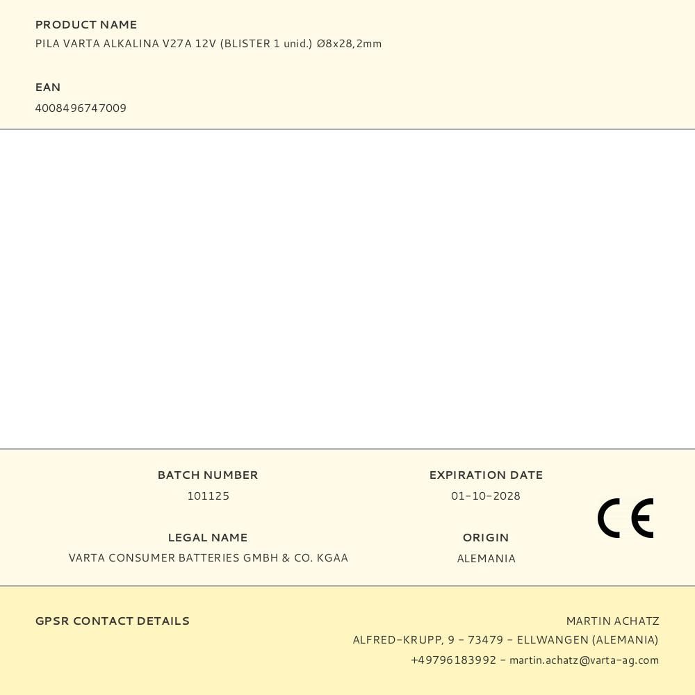 PILA VARTA ALKALINA V27A 12V (BLISTER 1 unid.) Ø8x28,2mm gallery 0