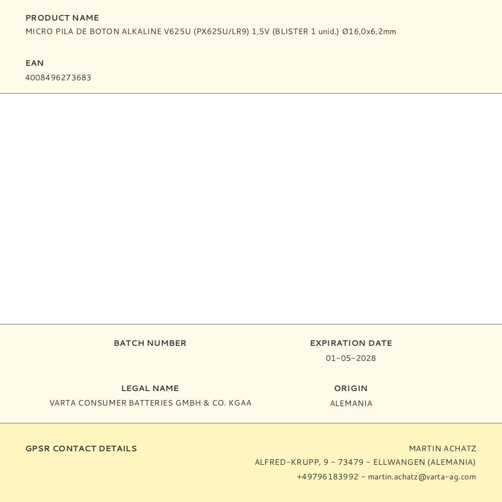 MICRO PILA DE BOTÓN ALCALINA LR9 - V625U 1,5 V Ø16,0 x 6,2 mm BLISTER gallery 0