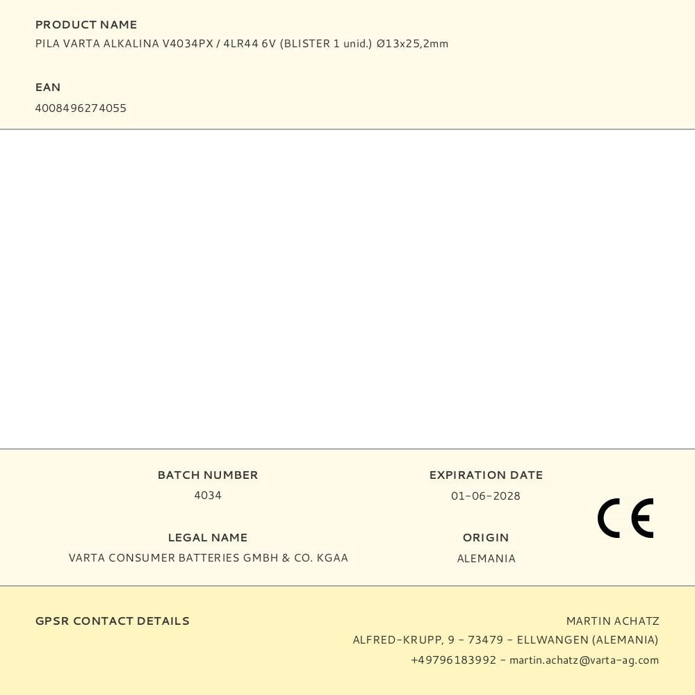 PILA VARTA ALKALINA V4034PX / 4LR44 6V (BLISTER 1 unid.) Ø13x25,2mm gallery 0