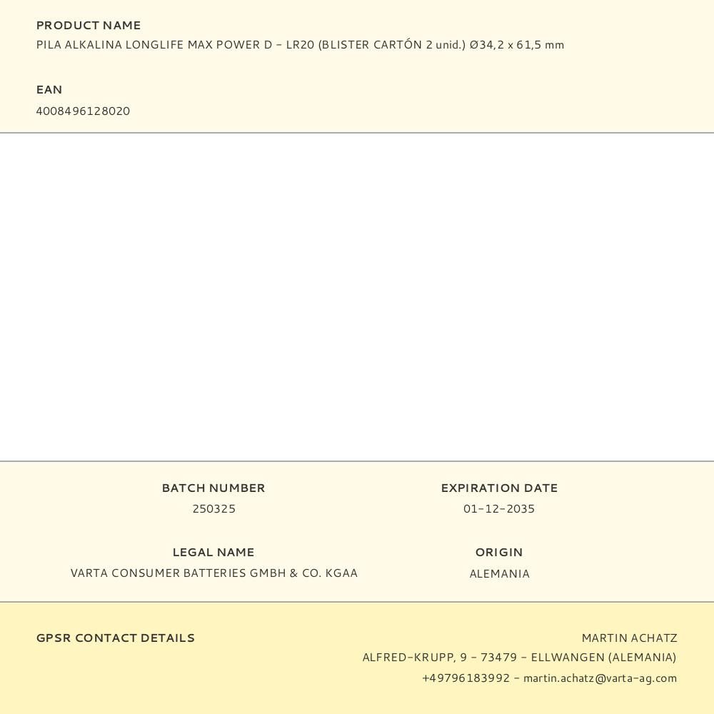 PILA ALKALINA LONGLIFE MAX POWER D - LR20 (BLISTER CARTÓN 2 unid.) Ø34,2 x 61,5 mm gallery 0