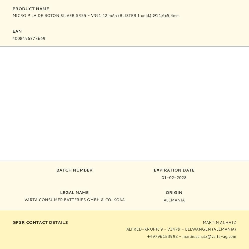 MICRO PILA DE BOTÓN SILVER SR55 - V391 1,55 V Ø11,6 x 5,4 mm WATCH BLISTER gallery 1