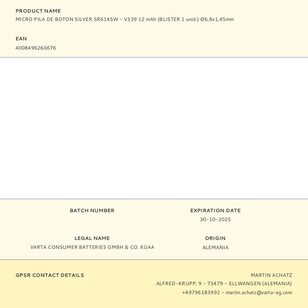 MICRO PILA DE BOTÓN SILVER SR614SW - V339 1,55 V Ø6,8 x 1,45 mm WATCH BLISTER gallery 1