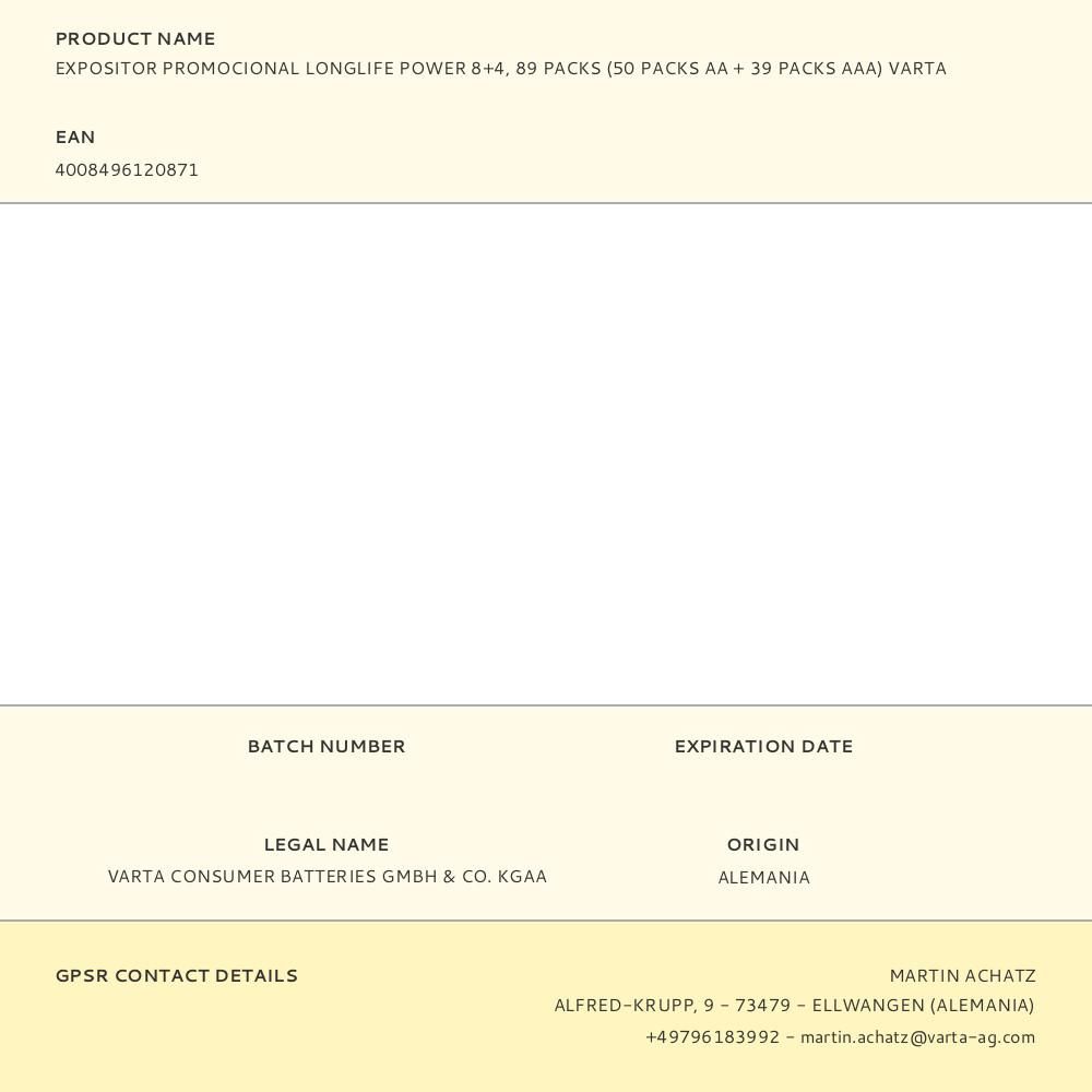 EXPOSITOR PROMOCIONAL LONGLIFE POWER 8+4, 89 PACKS (50 PACKS AA + 39 PACKS AAA) VARTA gallery 0