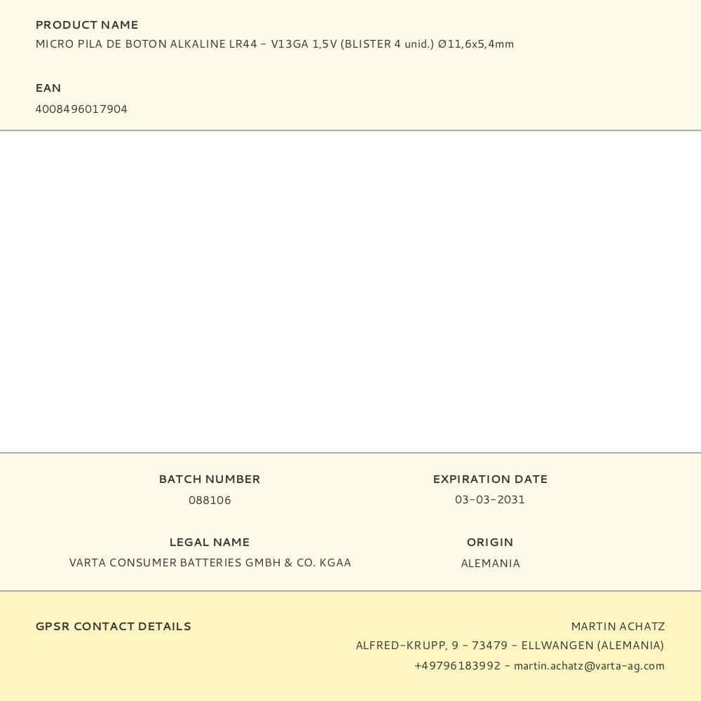 MICRO PILA DE BOTÓN ALCALINA LR44 - V13GA 1,5 V Ø11,6 x 5,4 mm BLISTER 4 uds gallery 0