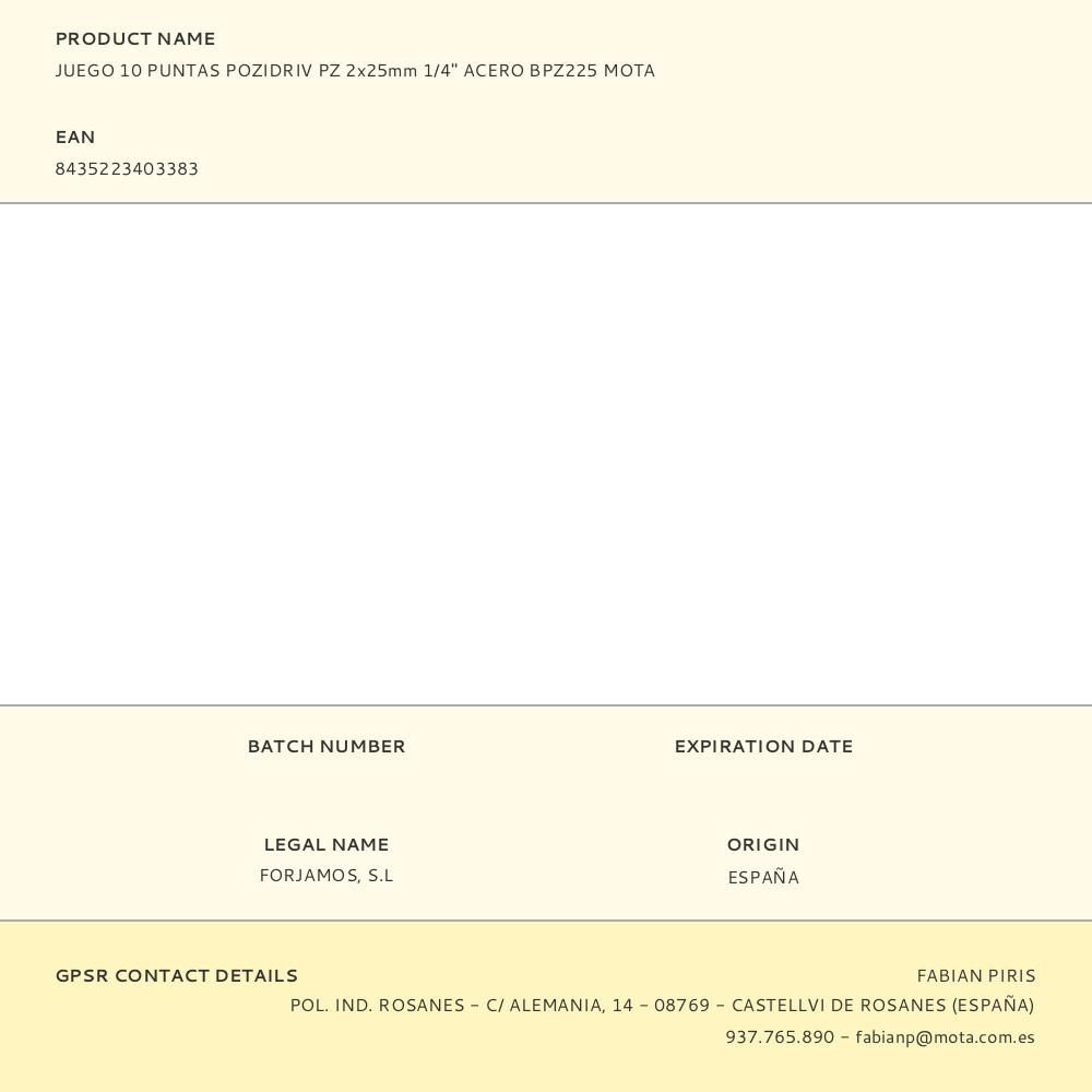 JUEGO 10 PUNTAS POZIDRIV PZ 2x25mm 1/4" ACERO BPZ225 MOTA gallery 1
