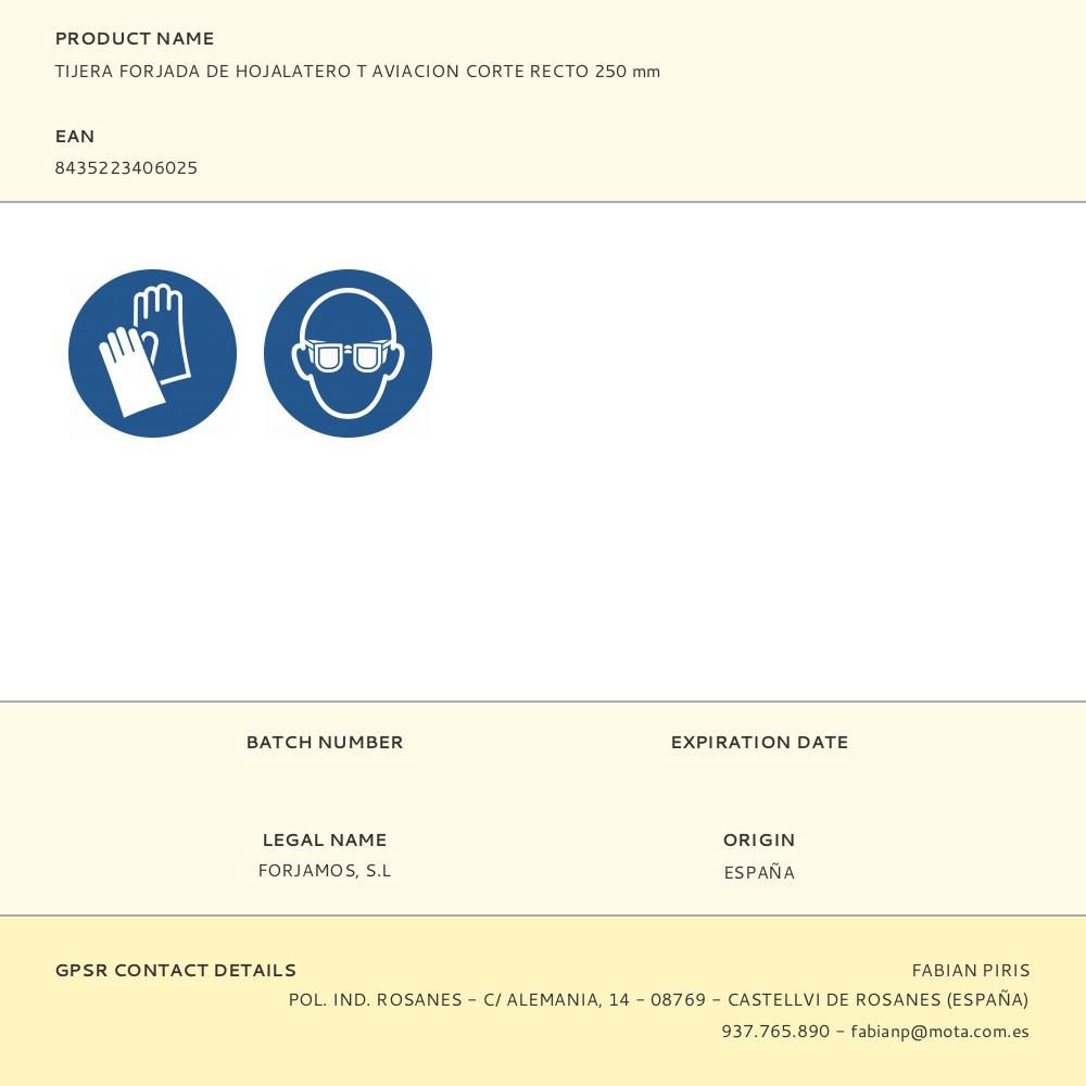 TIJERA FORJADA DE HOJALATERO T AVIACION CORTE RECTO 250 mm gallery 0