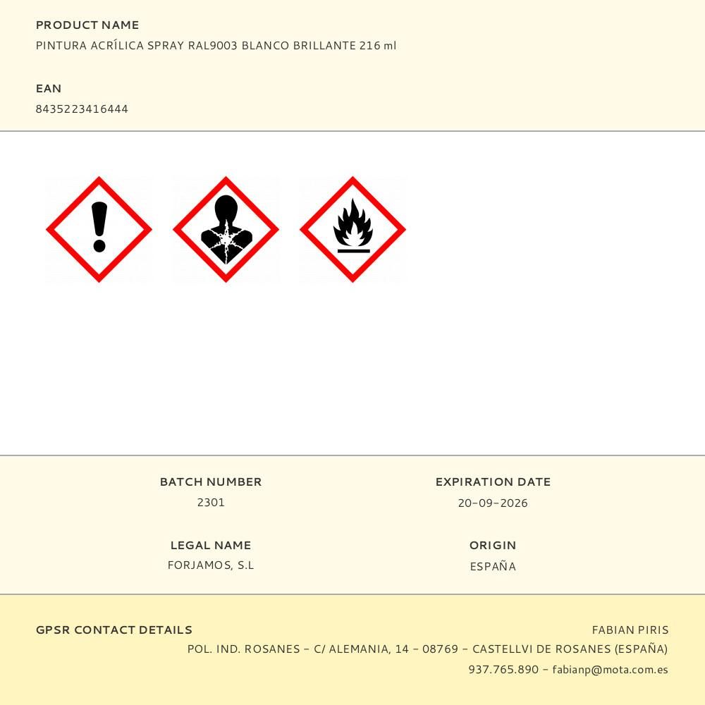 PINTURA ACRÍLICA SPRAY RAL9003 BLANCO BRILLANTE 216 ml gallery 1