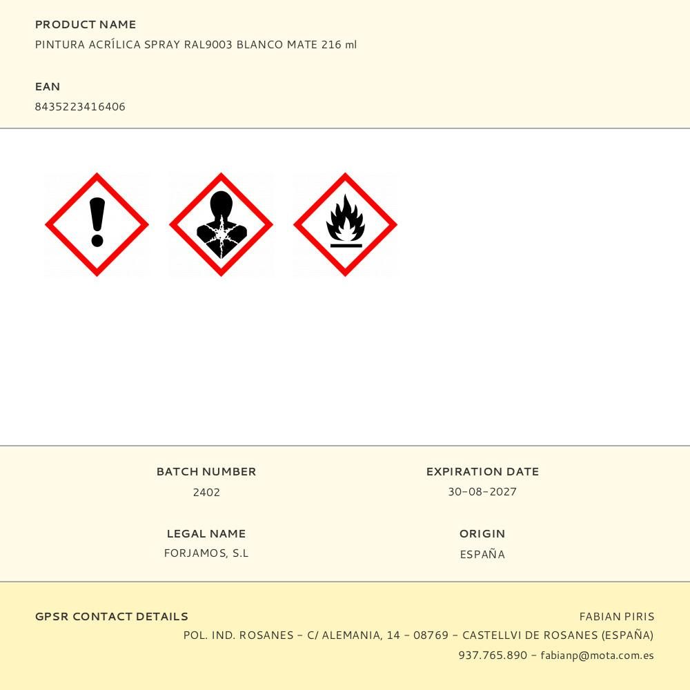 PINTURA ACRÍLICA SPRAY RAL9003 BLANCO MATE 216 ml gallery 1