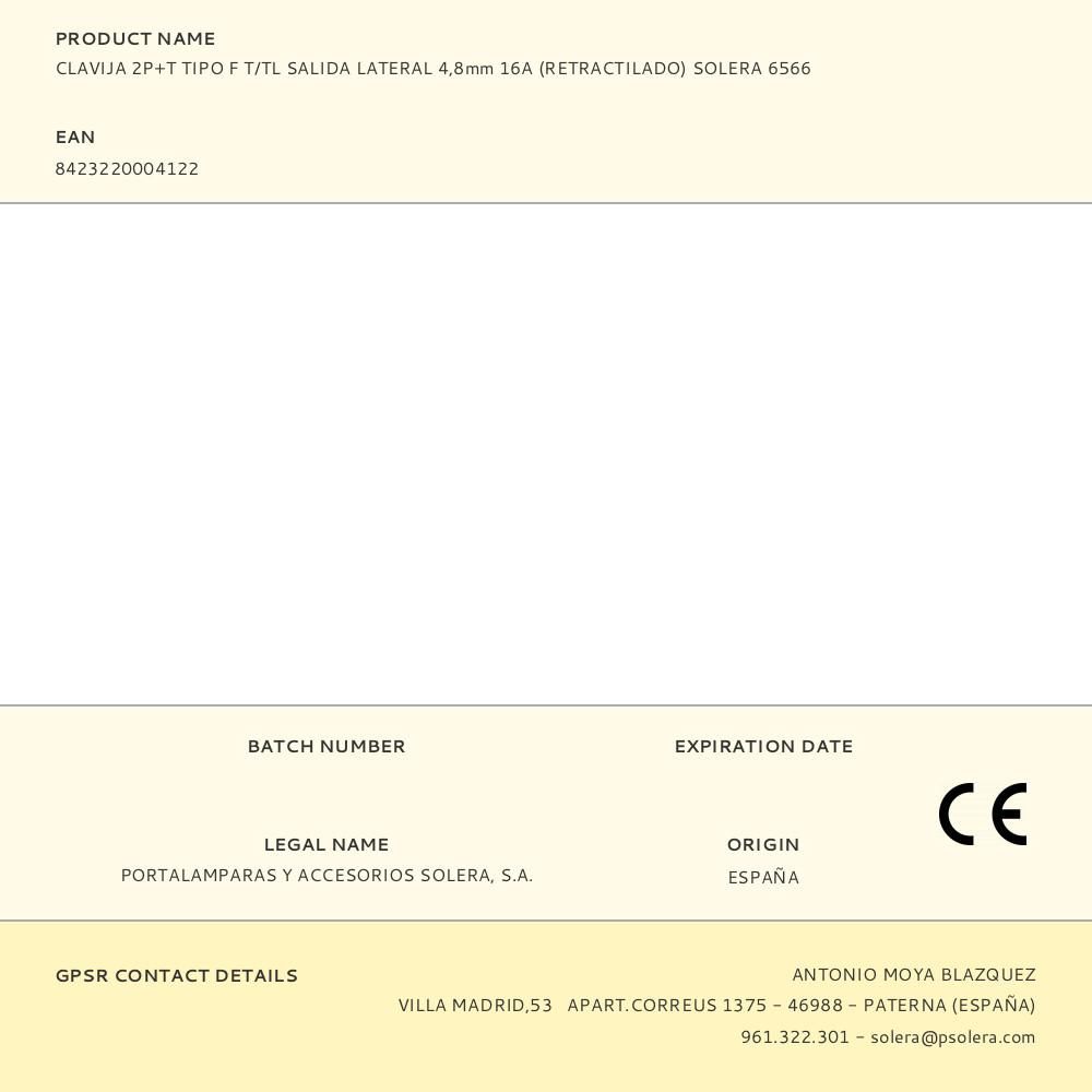 CLAVIJA 2P+T TIPO F T/TL SALIDA LATERAL 4,8mm 16A (RETRACTILADO) SOLERA 6566 gallery 0