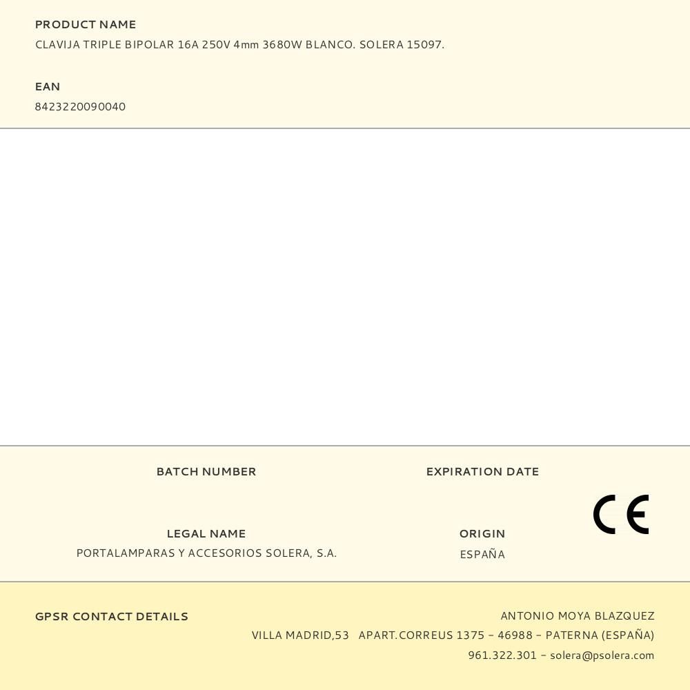 CLAVIJA TRIPLE BIPOLAR 16A 250V ENTRADA SCHUKO SALIDA EUROPLUG 4mm 3680W BLANCA gallery 0