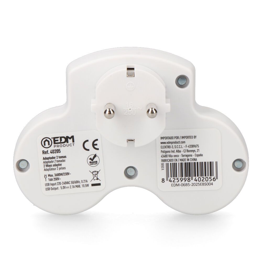 ADAPTADOR 2 TOMAS 2P+T SCHUKO CON 2 USB (A + C), BLANCO gallery 1
