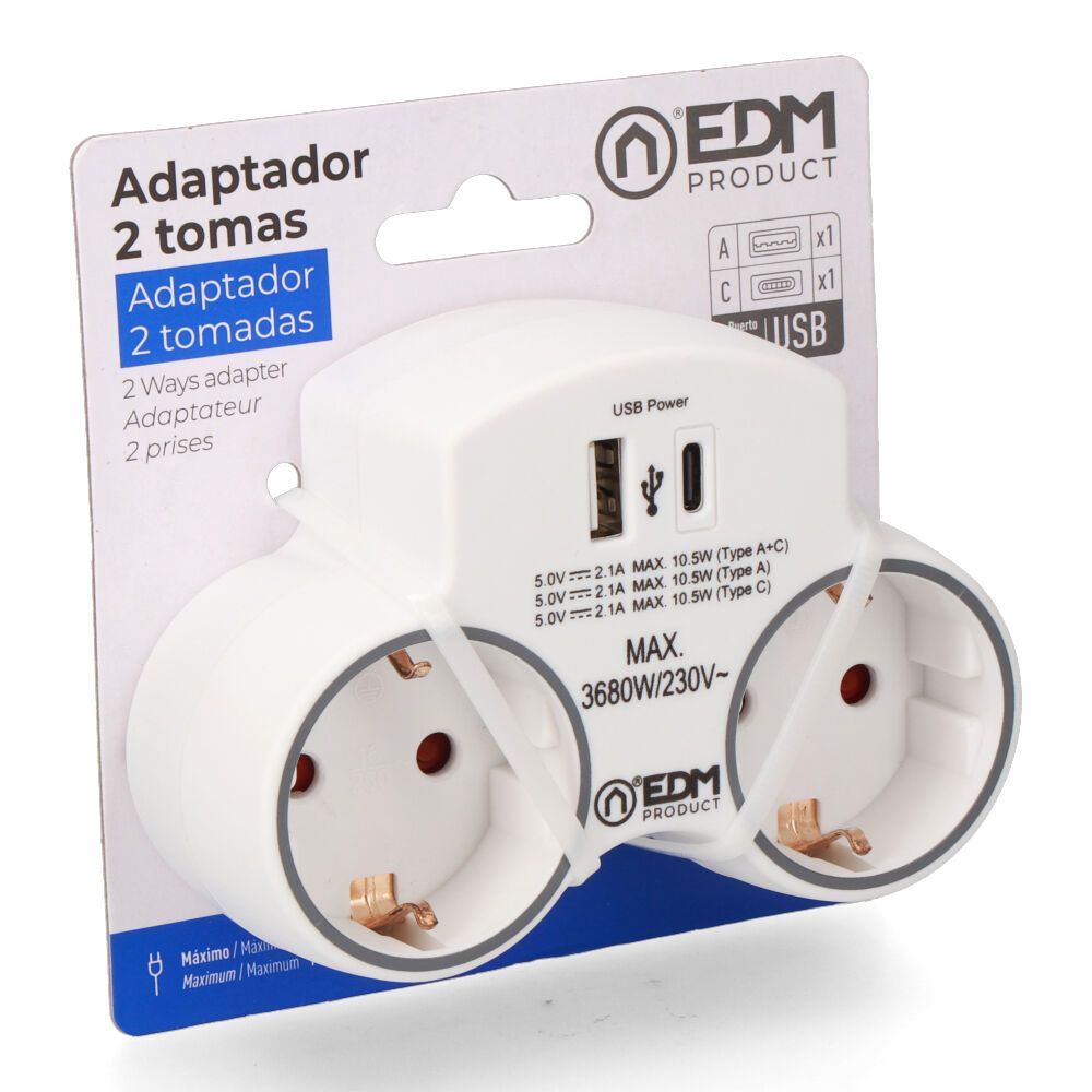 ADAPTADOR 2 TOMAS 2P+T SCHUKO CON 2 USB (A + C), BLANCO gallery 2