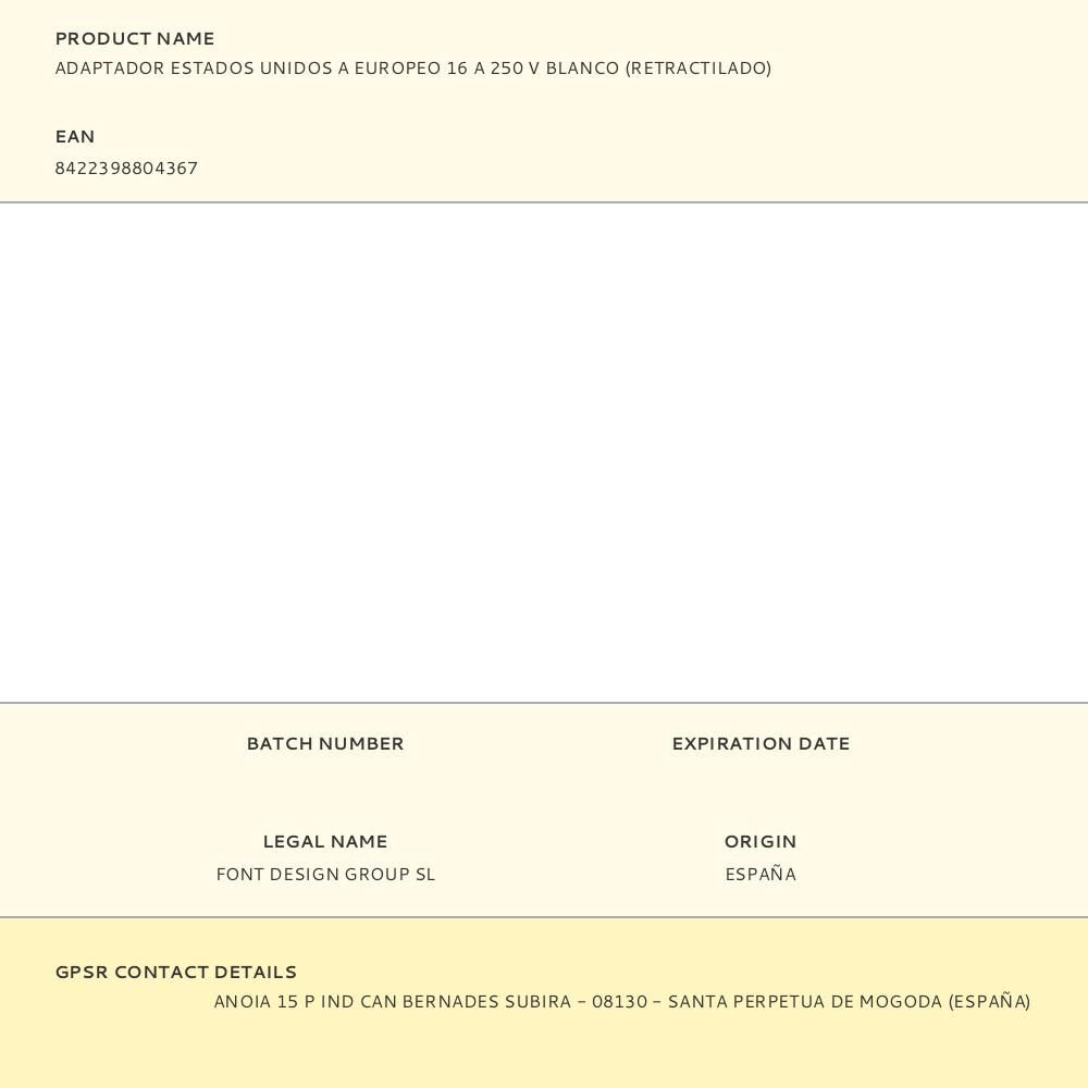 ADAPTADOR ESTADOS UNIDOS A EUROPEO 16 A 250 V BLANCO (RETRACTILADO) gallery 0