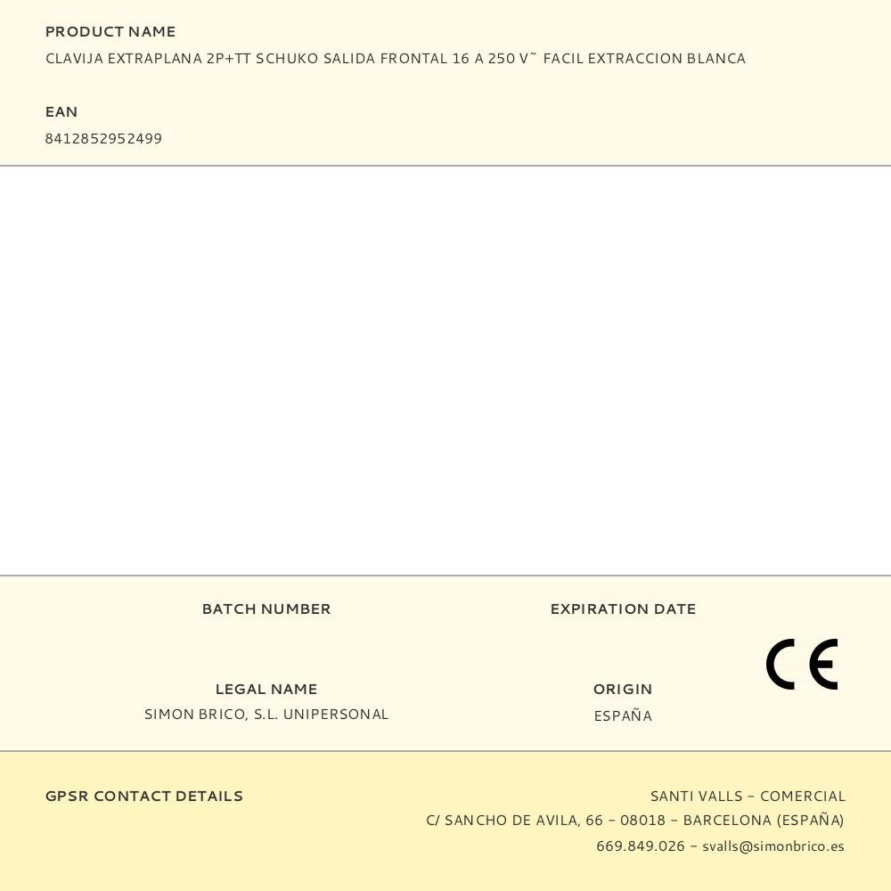 CLAVIJA EXTRAPLANA 2P+TT SCHUKO SALIDA FRONTAL 16 A 250 V~ FACIL EXTRACCION BLANCA gallery 0