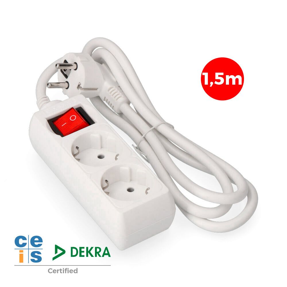 BASE MÚLTIPLE 2 TOMAS 2P+T CON INTERRUPTOR LUMINOSO, 16A 250 V~ 1,5 m DE CABLE H05VV-F 3 G 1,5 mm² BLANCA