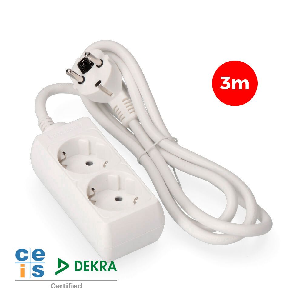 BASE MÚLTIPLE, 2 TOMAS SCHUKO 2P+T, 3 m DE CABLE H05VV-F 3G1,5 mm² 16A 250V~ 3680 W, BLANCA