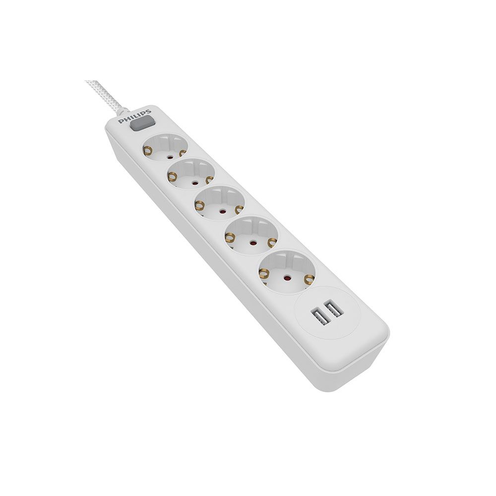 BASE MÚLTIPLE 5 TOMAS SCHUKO, CON INTERRUPTOR + 2 USB A, 2 m CABLE, 16A 230V~, BLANCA