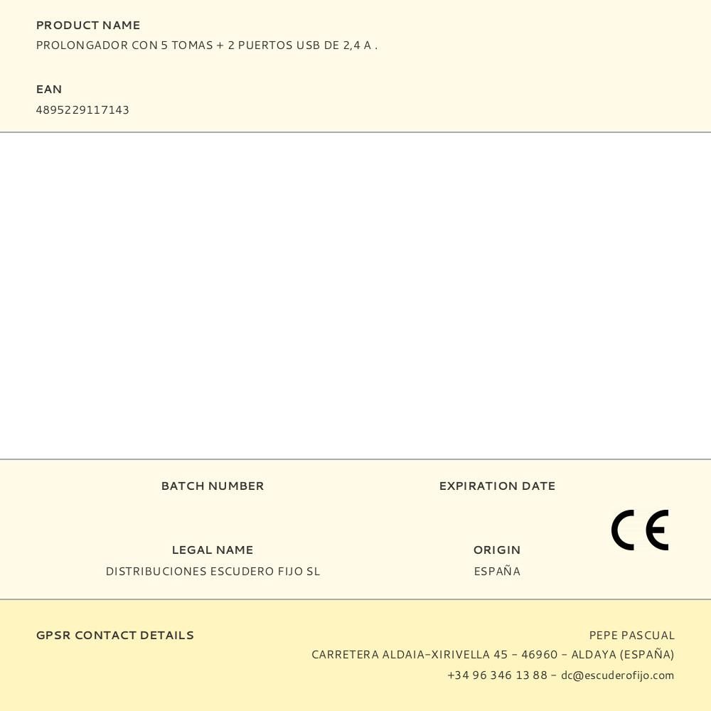 BASE MÚLTIPLE 5 TOMAS SCHUKO, CON INTERRUPTOR + 2 USB A, 2 m CABLE, 16A 230V~, BLANCA gallery 3