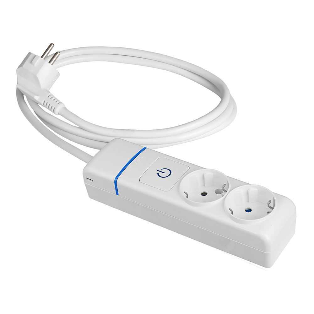 BASE MÚLTIPLE CON 2 TOMAS 2P+T, CON INTERRUPTOR LUMINOSO, 1,5 m CABLE H05VV-F 3G1,5 mm², BLANCA