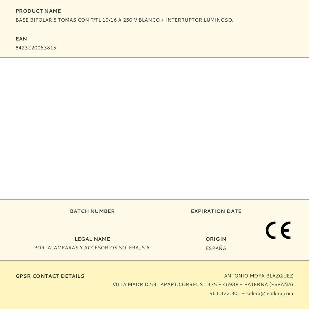 BASE BIPOLAR 5 TOMAS CON T/TL 10/16 A 250 V BLANCO + INTERRUPTOR LUMINOSO. gallery 0