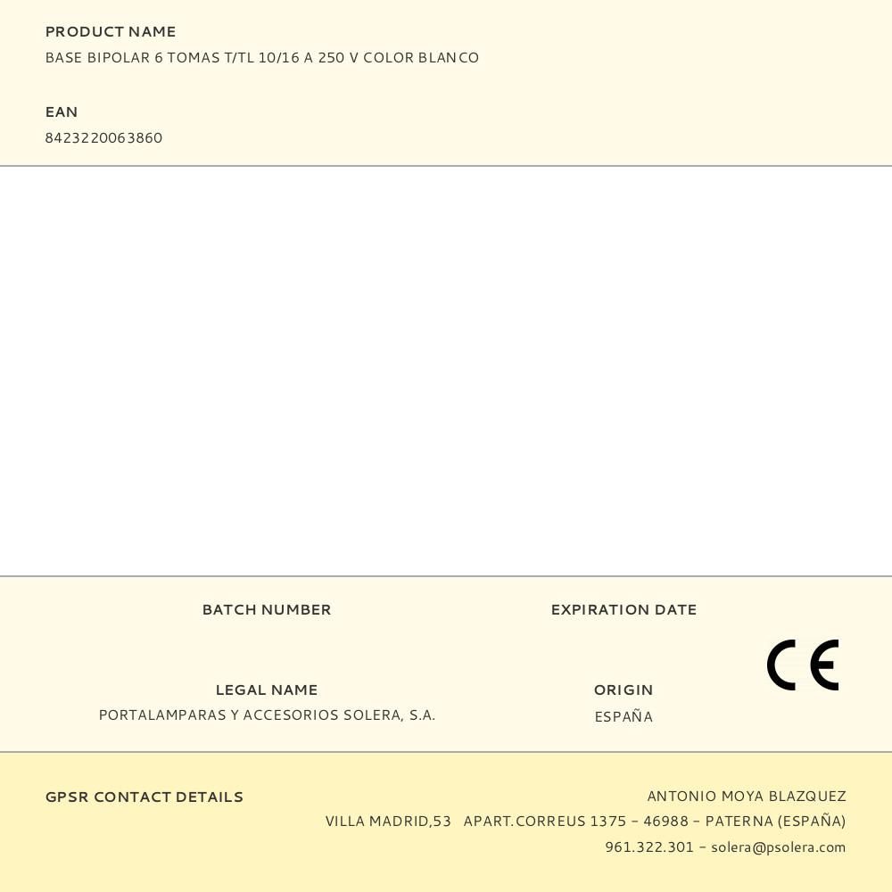 BASE BIPOLAR 6 TOMAS T/TL 10/16 A 250 V COLOR BLANCO gallery 0