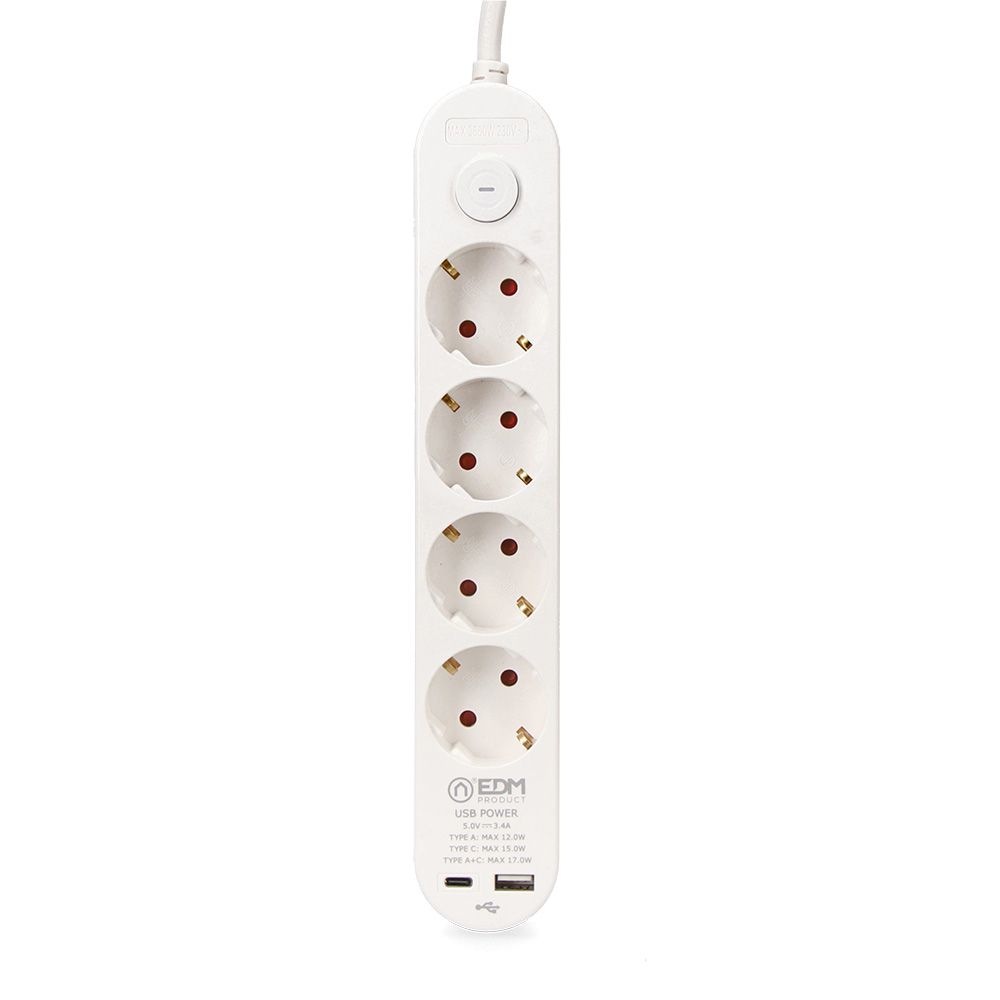 BASE MÚLTIPLE 4 TOMAS SCHUKO, INTERRUPTOR, 2 USB A + C, 1,5m DE CABLE H05VV-F, 3G1,5 mm², 16A 250V~, BLANCA gallery 0