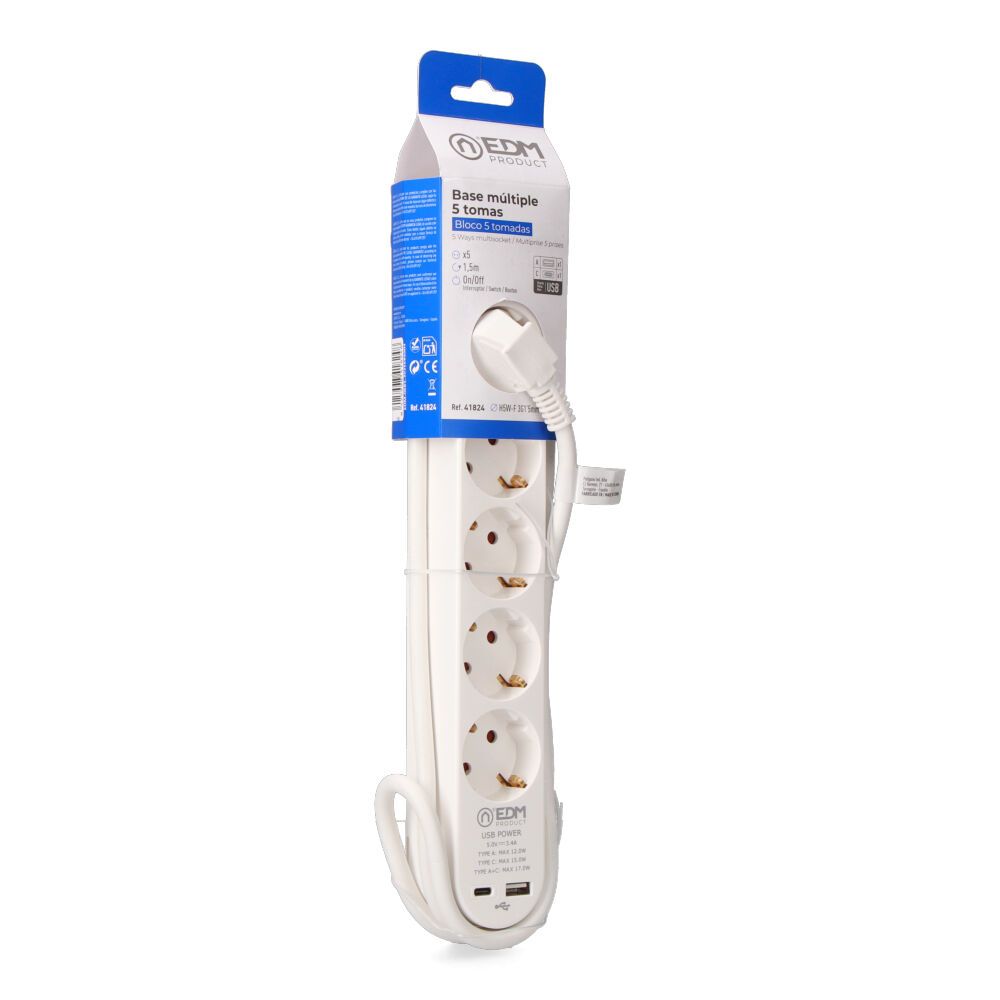 BASE MÚLTIPLE 5 TOMAS SCHUKO, INTERRUPTOR, 2 USB A + C, 1,5m DE CABLE H05VV-F, 3G1,5 mm², 16A 250V~, BLANCA