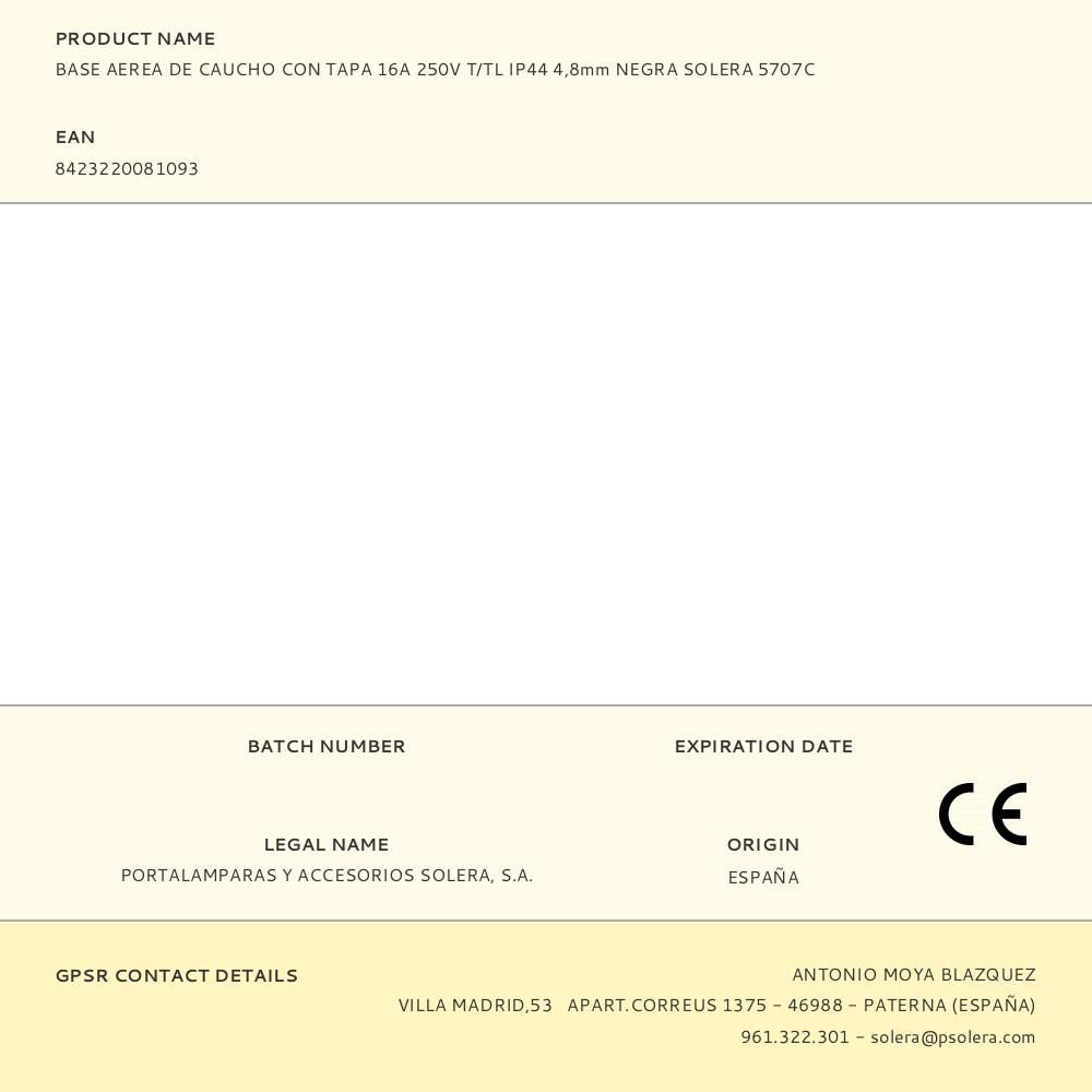 BASE AEREA DE CAUCHO CON TAPA 16A 250V T/TL IP44 4,8mm NEGRA SOLERA 5707C gallery 0