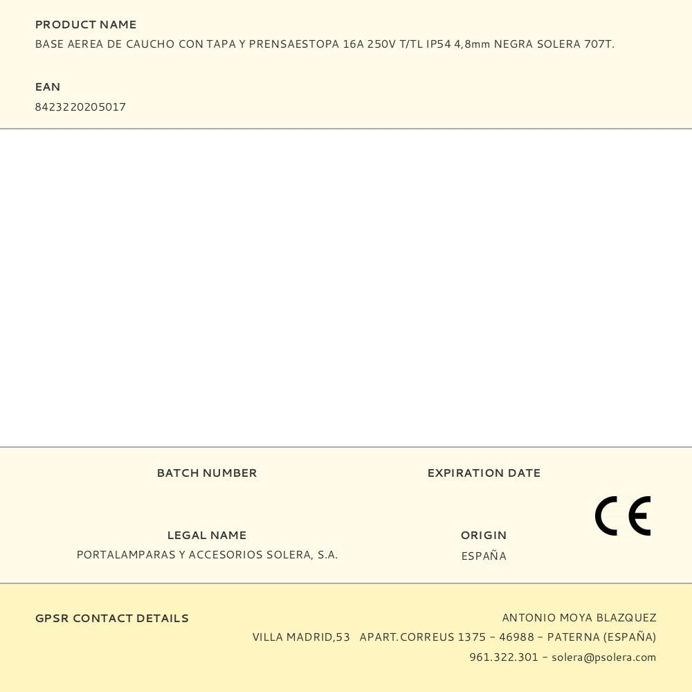 BASE AEREA DE CAUCHO CON TAPA Y PRENSAESTOPA 16A 250V T/TL IP54 4,8mm NEGRA SOLERA 707T. gallery 0