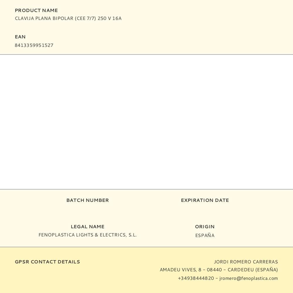 CLAVIJA PLANA BIPOLAR (CEE 7/7) 250 V 16A gallery 0