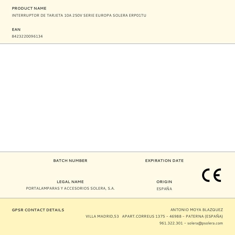 INTERRUPTOR DE TARJETA 10A 250V SERIE EUROPA SOLERA ERP01TU gallery 0