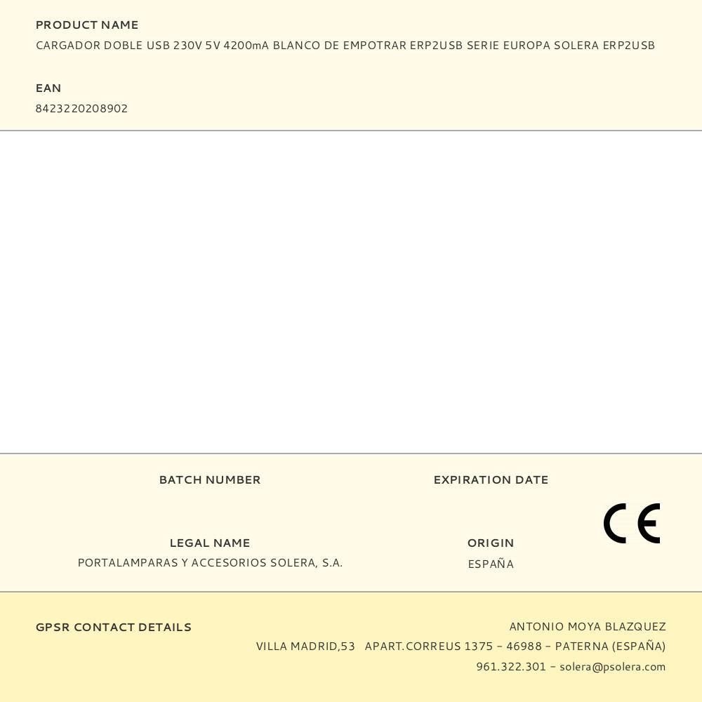 CARGADOR DOBLE USB 230V 5V 4200mA BLANCO DE EMPOTRAR ERP2USB SERIE EUROPA SOLERA ERP2USB gallery 0
