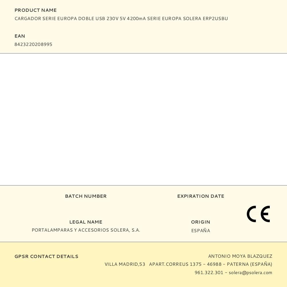CARGADOR SERIE EUROPA DOBLE USB 230V 5V 4200mA SERIE EUROPA SOLERA ERP2USBU gallery 0