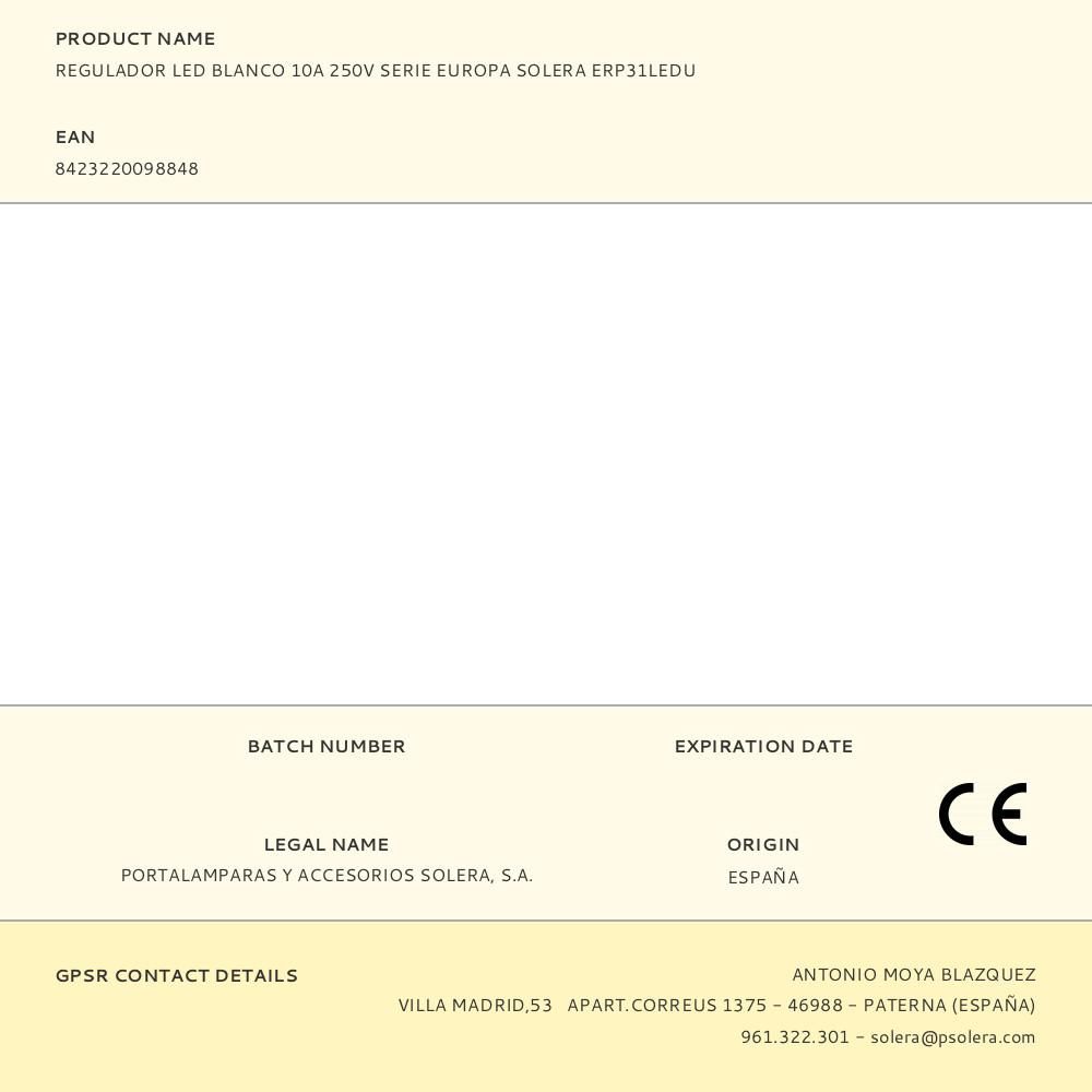 REGULADOR LED BLANCO 10A 250V SERIE EUROPA SOLERA ERP31LEDU gallery 0