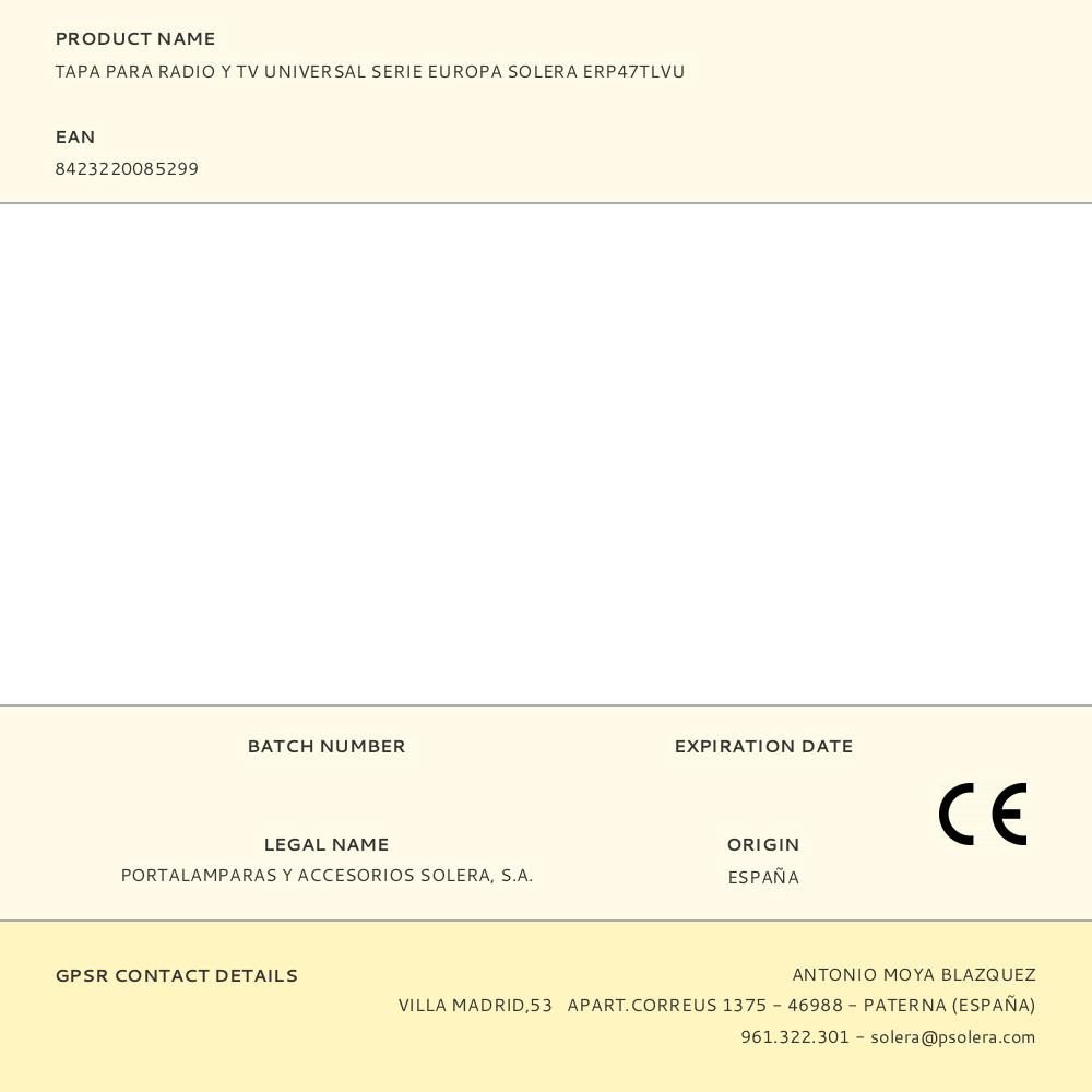 TAPA PARA RADIO Y TV UNIVERSAL SERIE EUROPA SOLERA ERP47TLVU gallery 0