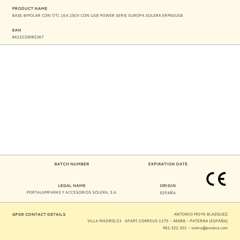 BASE BIPOLAR CON T/TL 16A 250V CON USB POWER SERIE EUROPA SOLERA ERP60USB gallery 0