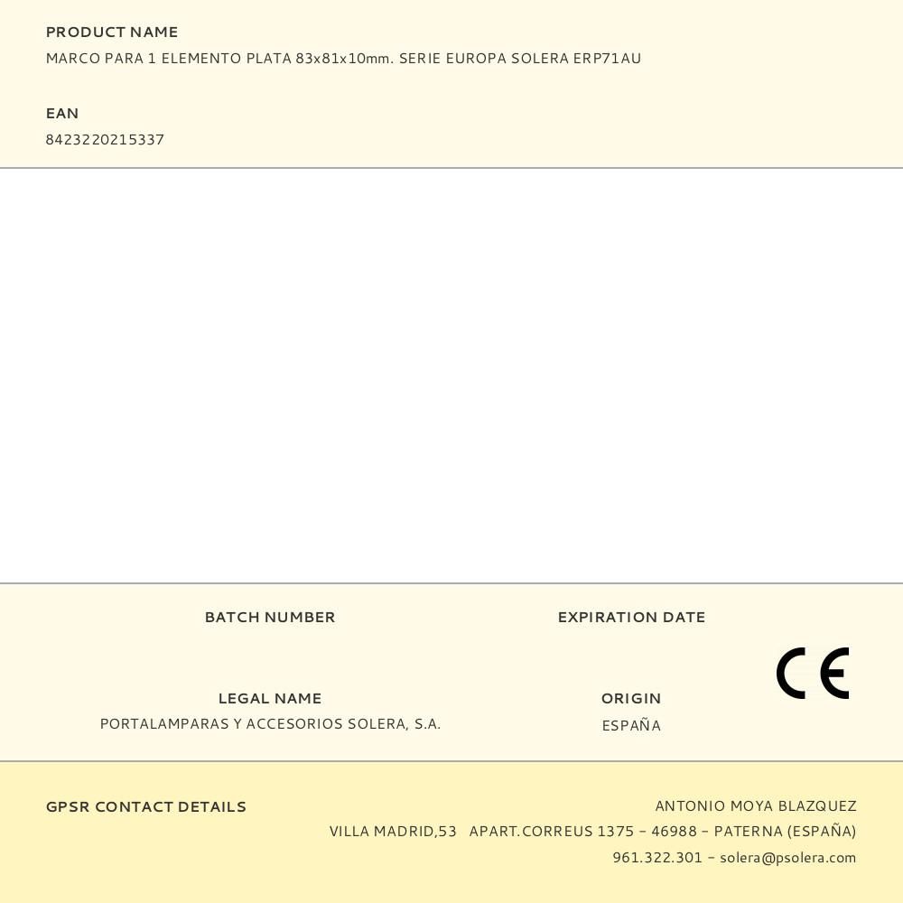 MARCO PARA 1 ELEMENTO PLATA 83x81x10mm. SERIE EUROPA SOLERA ERP71AU gallery 0