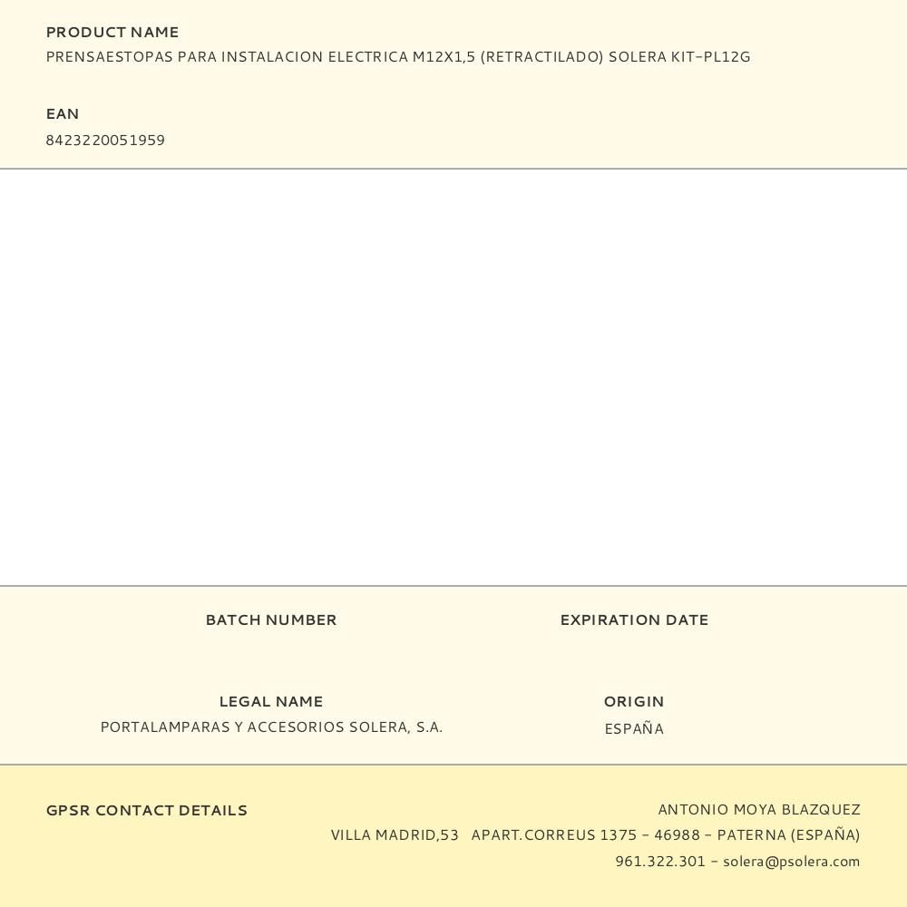 PRENSAESTOPAS PARA INSTALACION ELECTRICA M12X1,5 (RETRACTILADO) SOLERA KIT-PL12G gallery 0